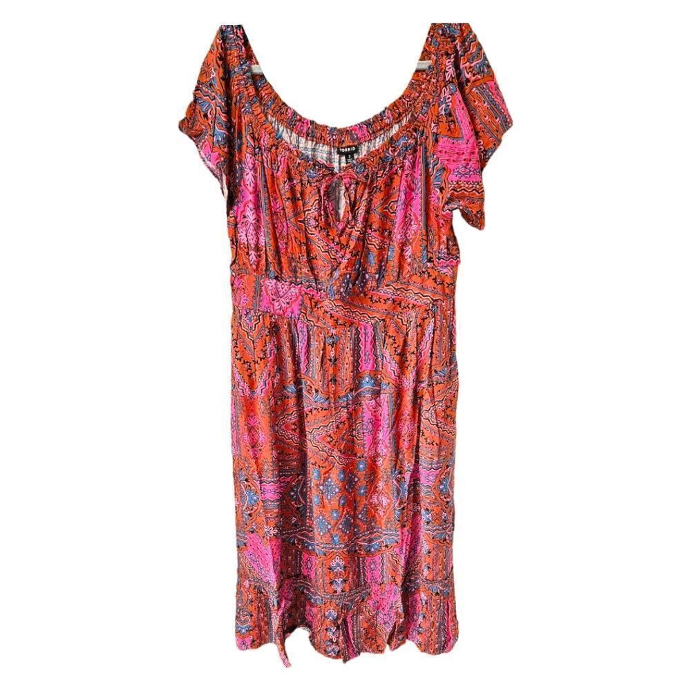 TORRID 2X tea length boho challis off shoulder peasent dress  NWT - Picture 2 of 14
